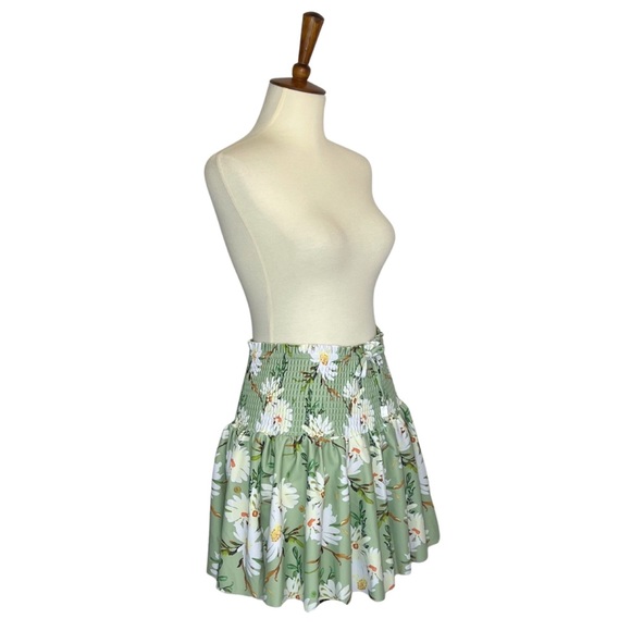 Retro Pale Green Floral Shirred High Waist Drawstring Beach Skirt - Picture 10 of 16